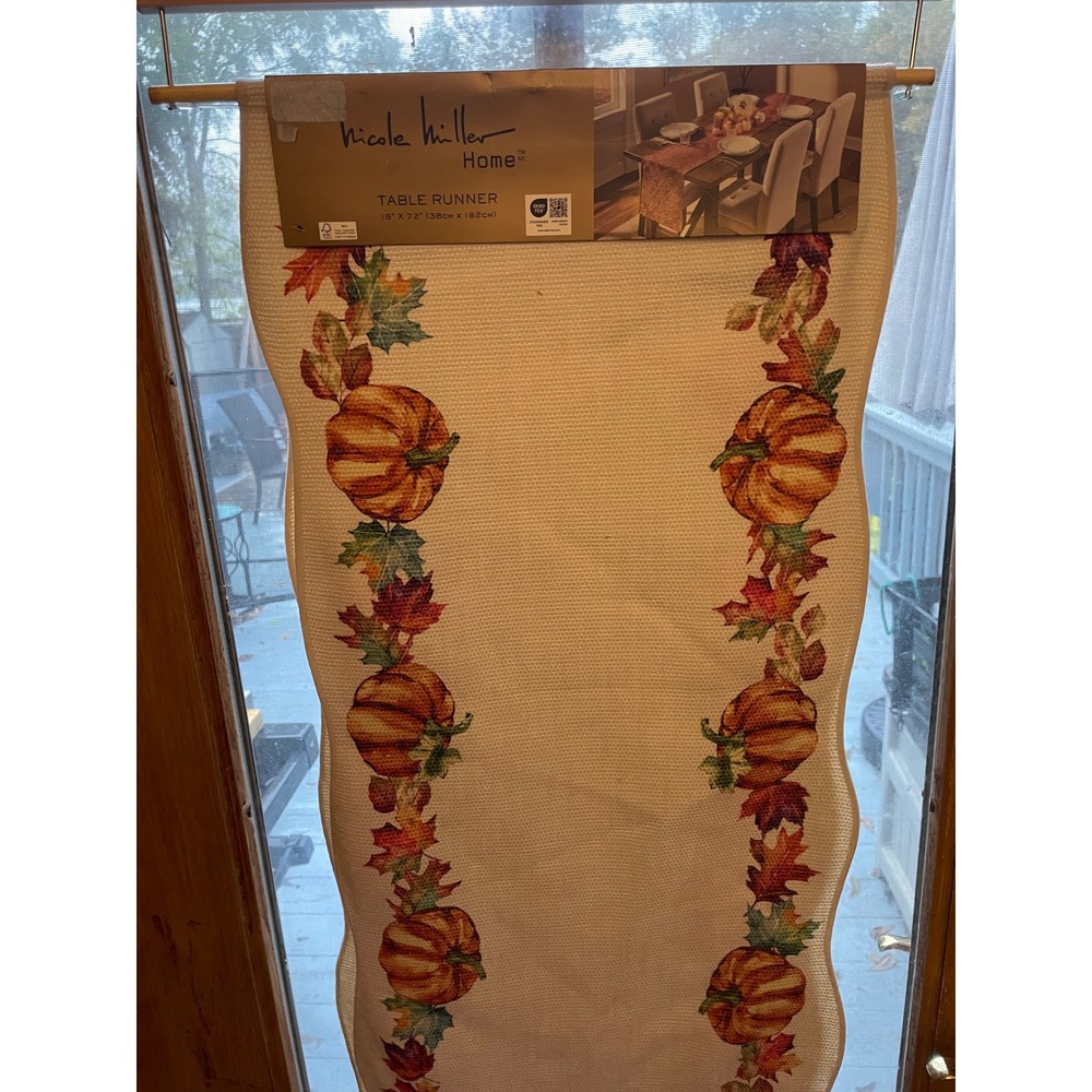 Nicole Miller Home Pumpkin Fall Leaves Table Runner 15" x 72" Thanksgiving Decor